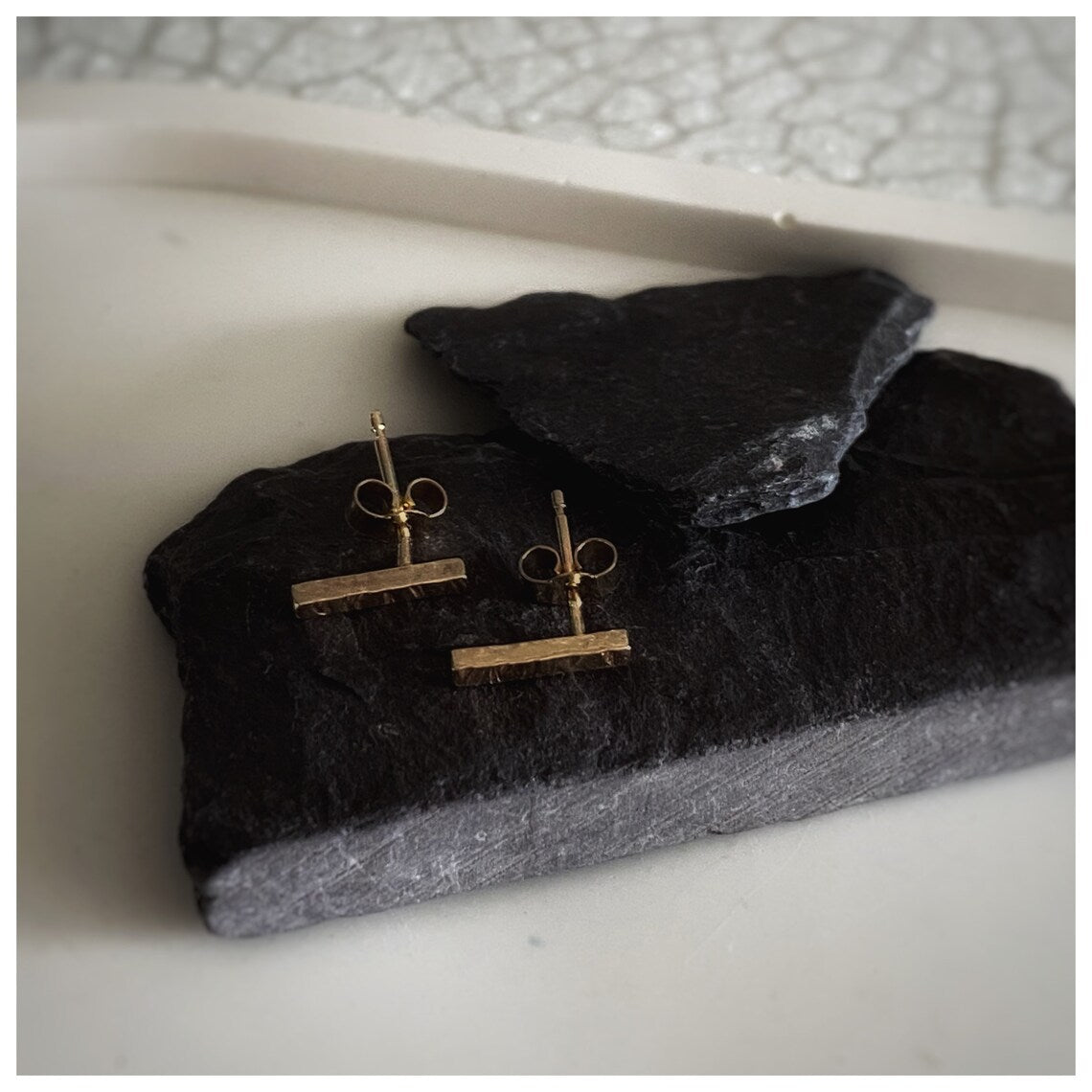 Solid 9ct gold hammered texture handmade square bar stud earrings