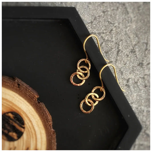 Simple solid 9ct yellow gold bark texture dangly round 3 hoop earrings- 6mm