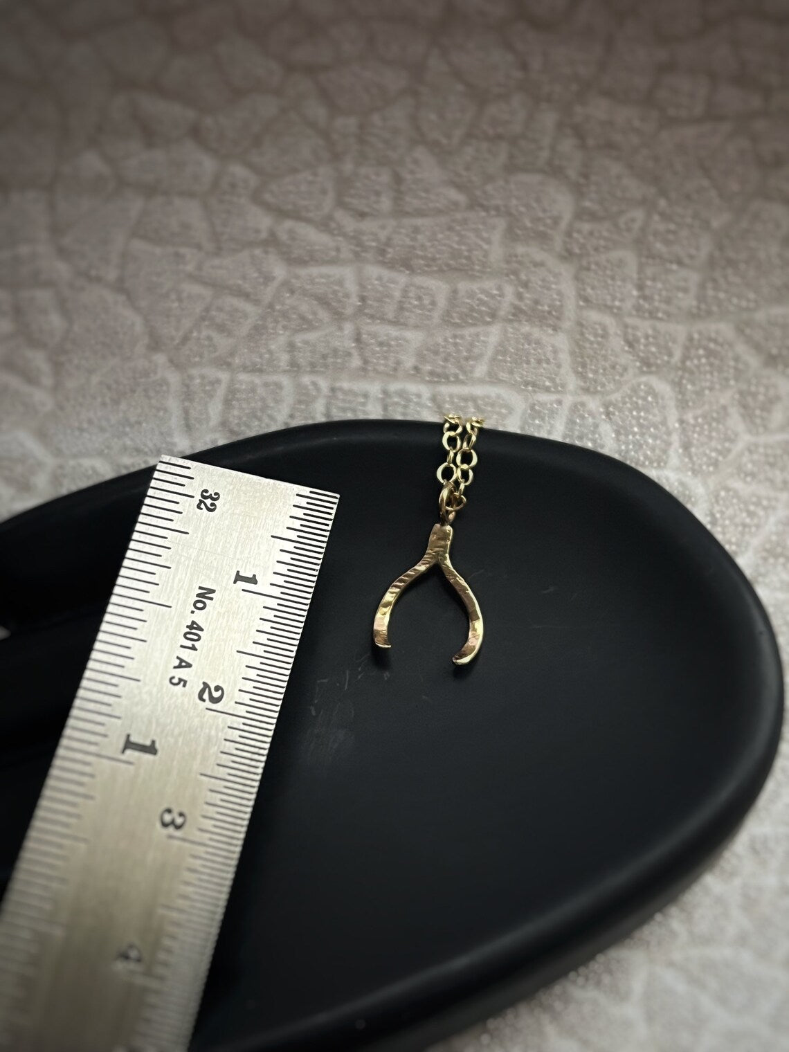 Solid 9ct gold lucky wishbone pendant, a handmade hammered and textured necklace