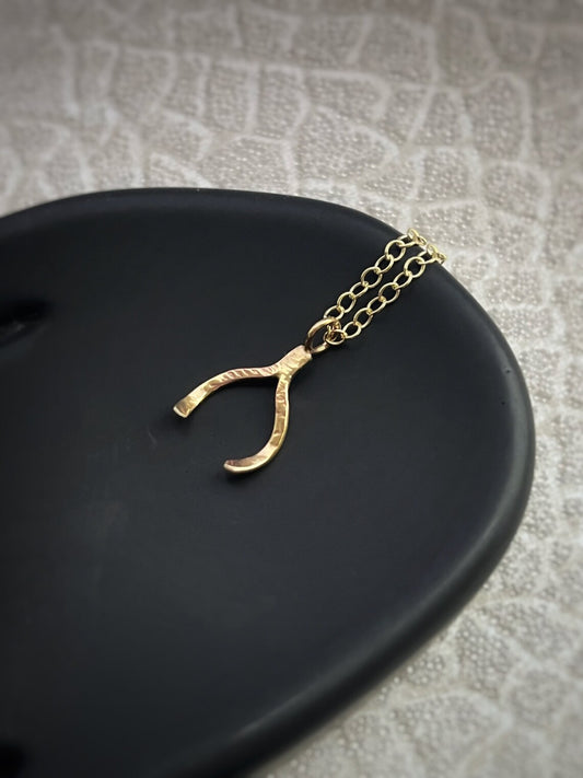 Solid 9ct gold lucky wishbone pendant, a handmade hammered and textured necklace