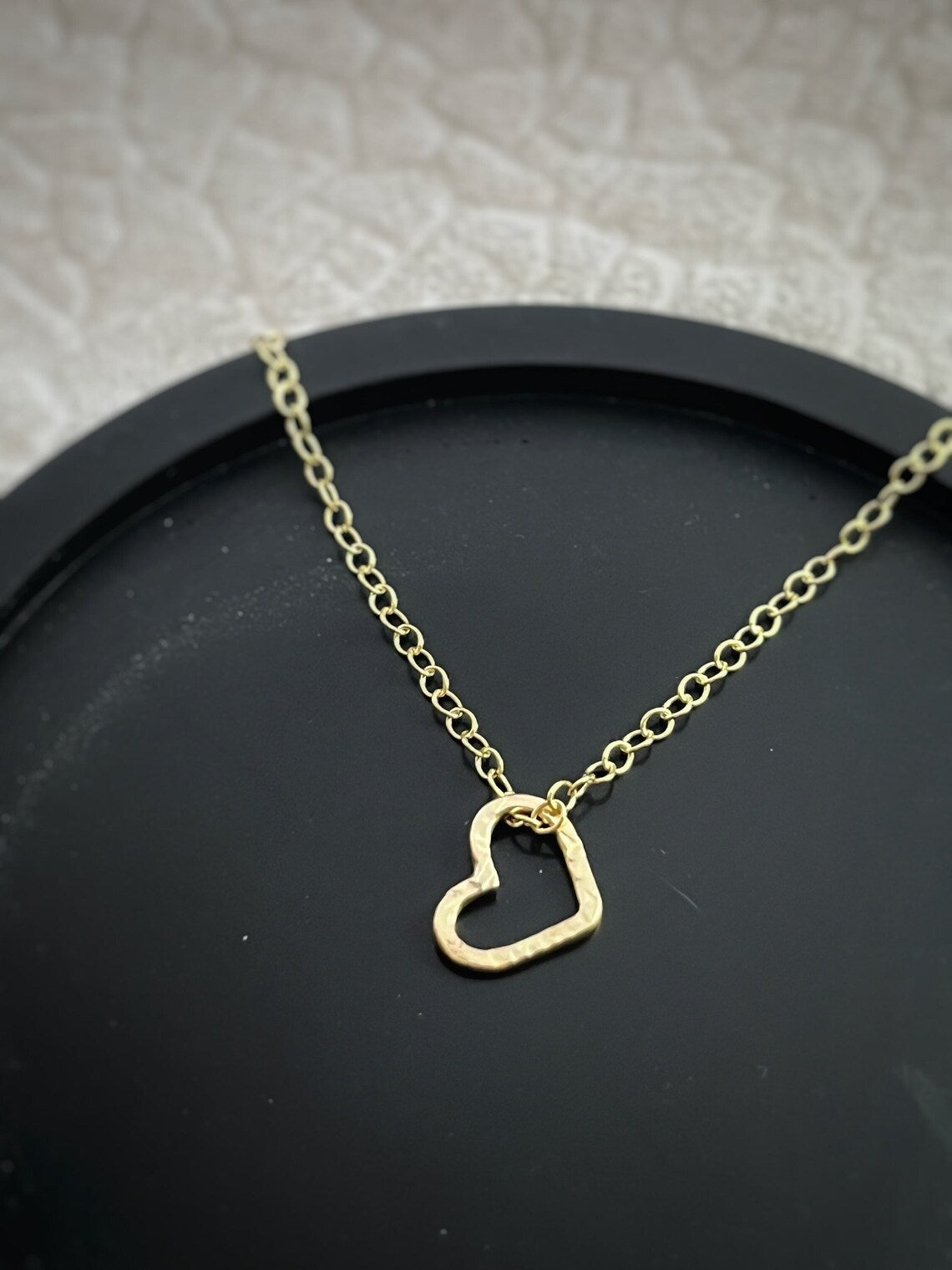 Solid 9ct gold hammered heart pendant, textured handmade tree bark necklace