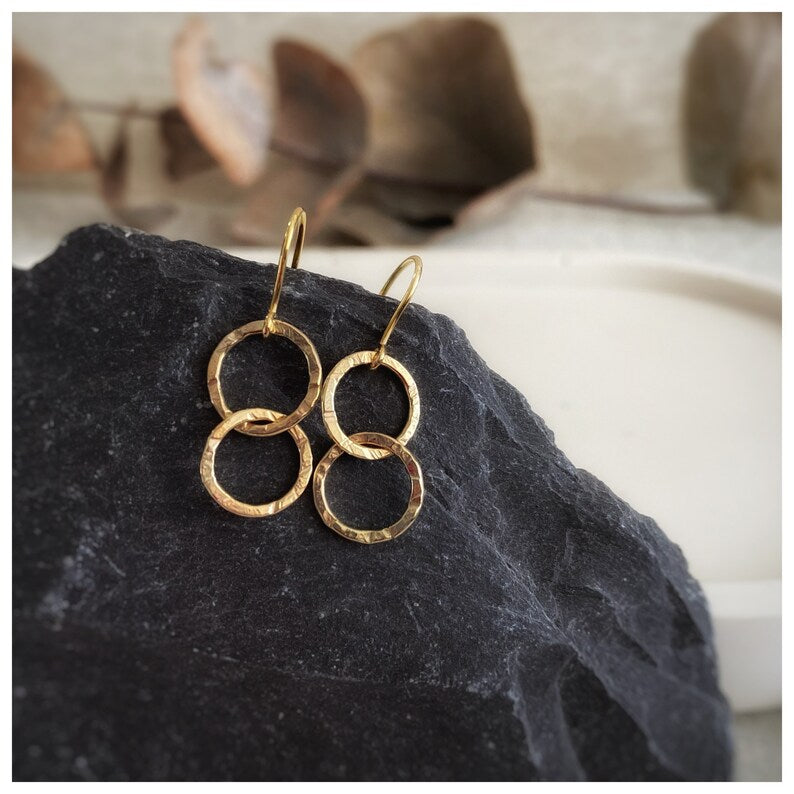 Simple stunning solid 9ct gold two hoop, drop dangly earrings-10mm