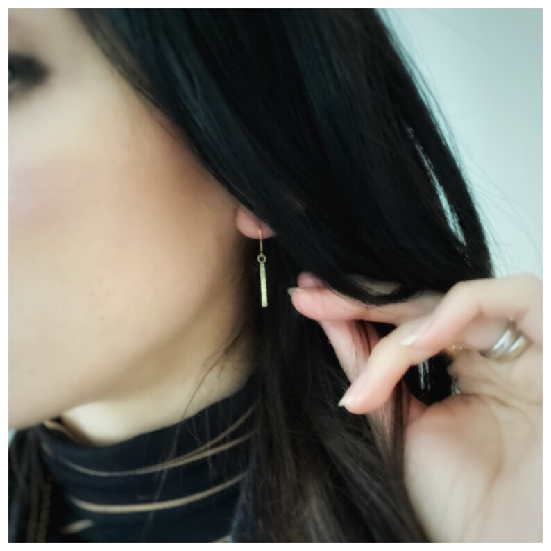 Solid 9ct gold hammered textured rectangle dangly earrings