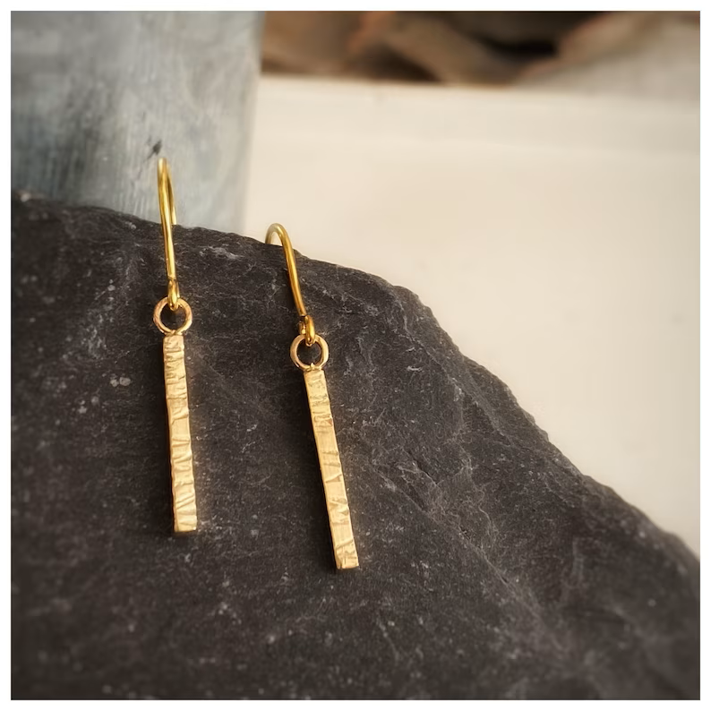 Solid 9ct gold hammered textured rectangle dangly earrings