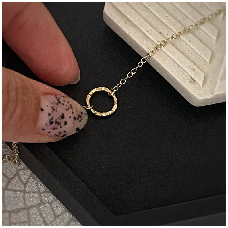 Solid 9ct gold, handmade hammered and textured circle pendant necklace