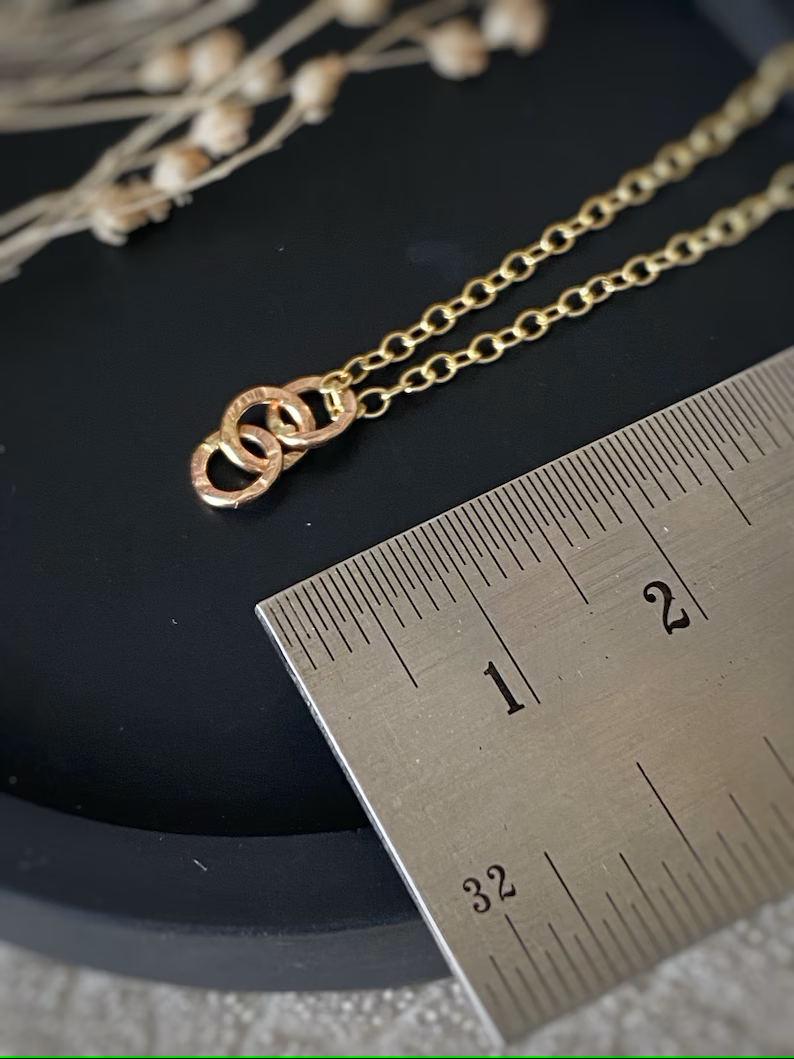 Solid 9ct gold tiny hammered interlocking pendant, handmade textured 3 round circle loops