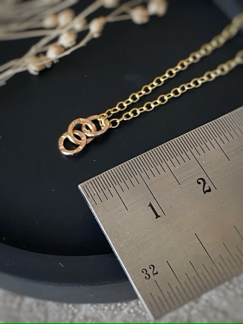 Solid 9ct gold tiny hammered interlocking pendant,  handmade textured 3 round circle loops