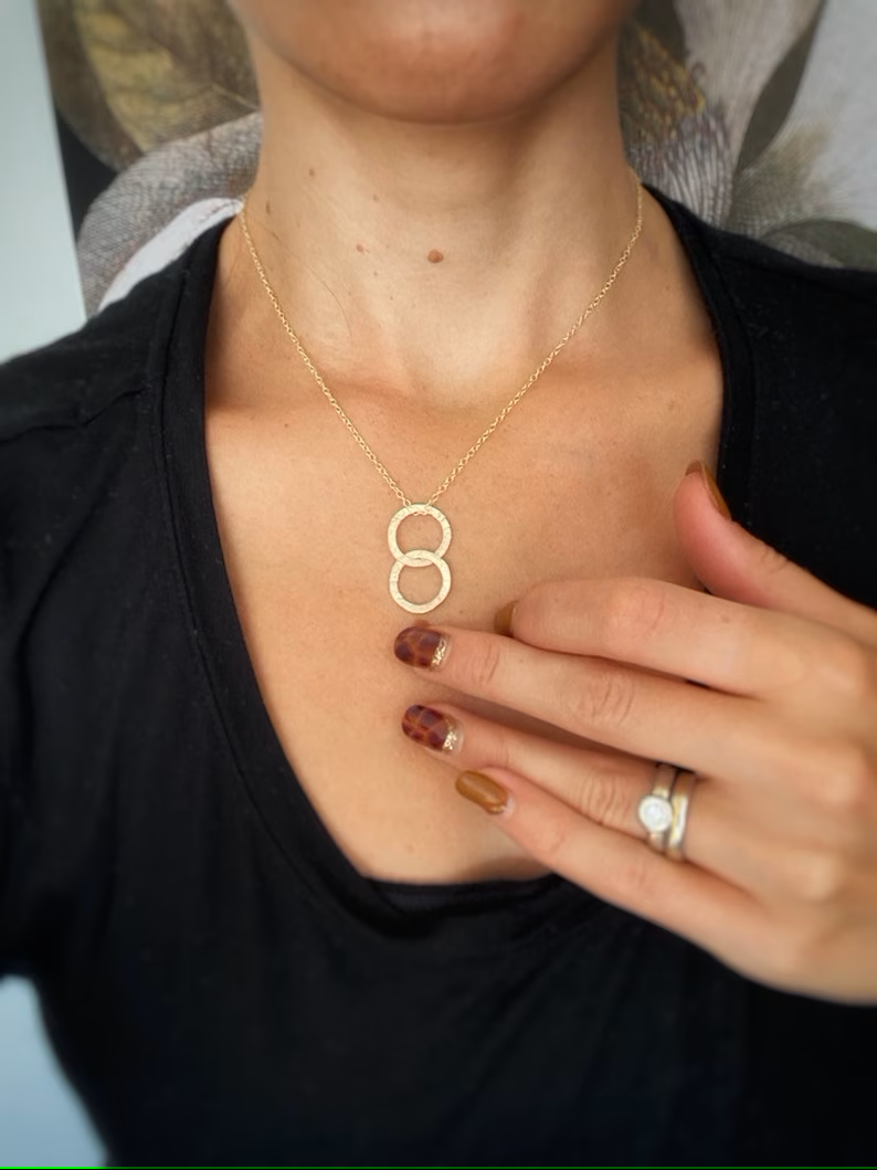 Solid 9ct gold large interlocking circle pendant, a handmade hammered textured necklace