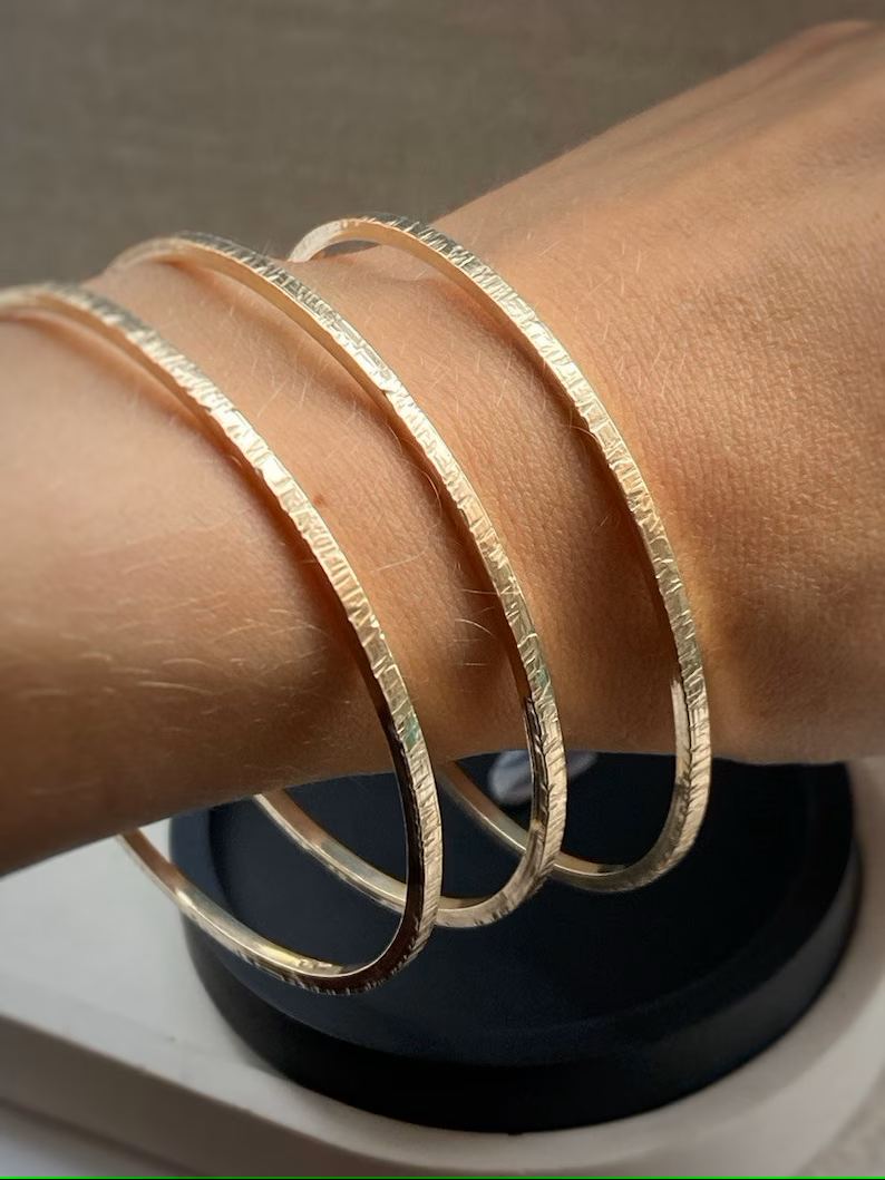 Solid 9ct gold, set of 3 handmade hammered tree bark textured stacking bangle