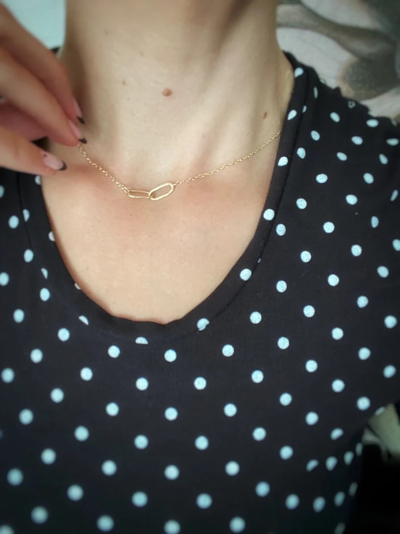 Solid 9ct gold a handmade hammered textured interlocking oval necklace