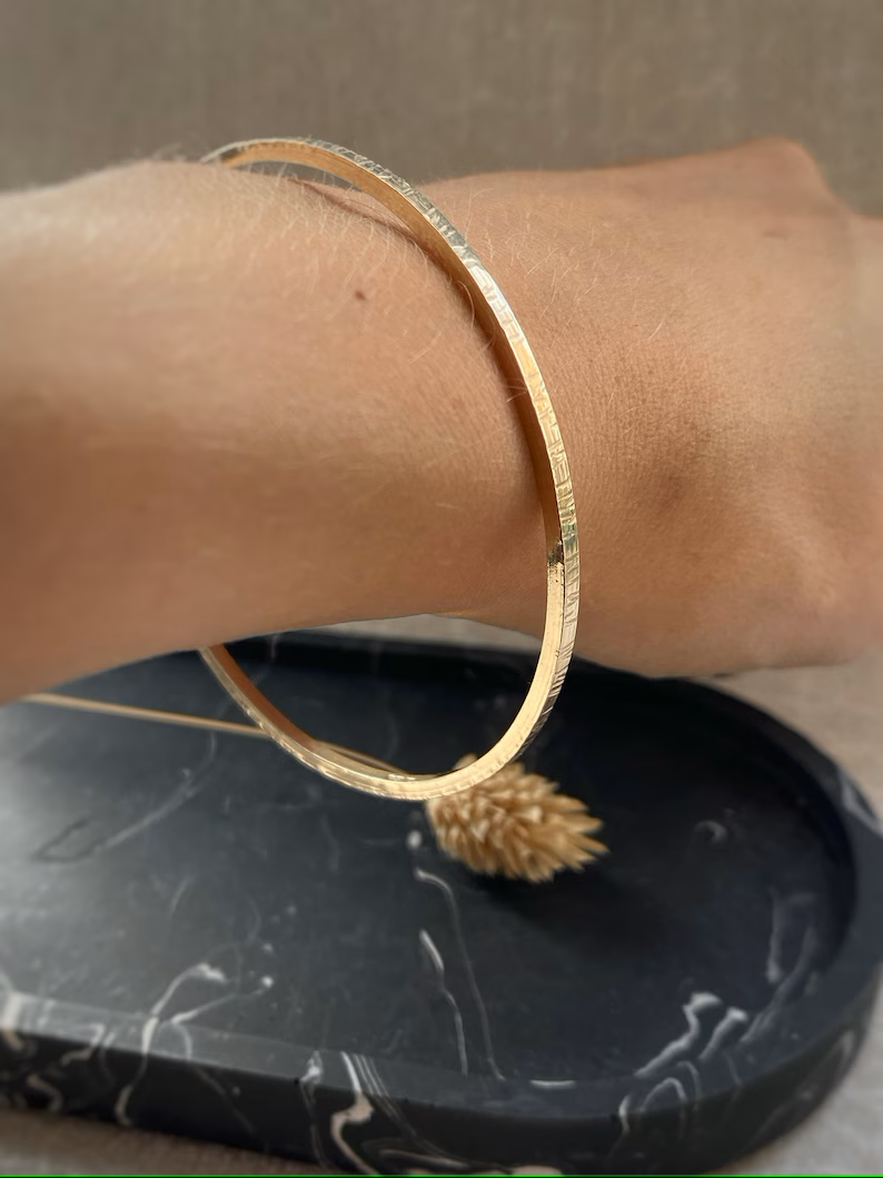 Solid 9ct gold, handmade hammered tree bark textured stacking bangle