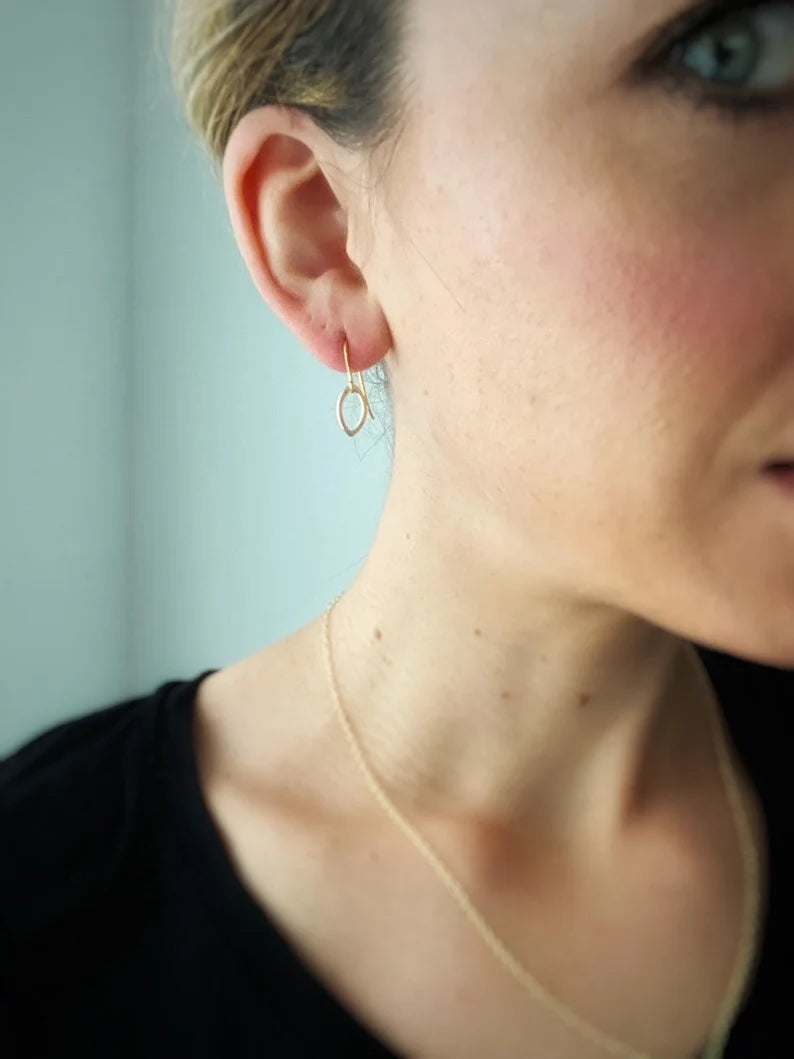 Solid 9ct yellow gold hammered leaf, textured dangly drop earrings