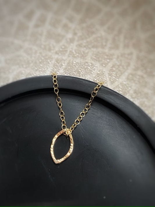 Solid 9ct gold leaf pendant, a handmade hammered and textured necklace