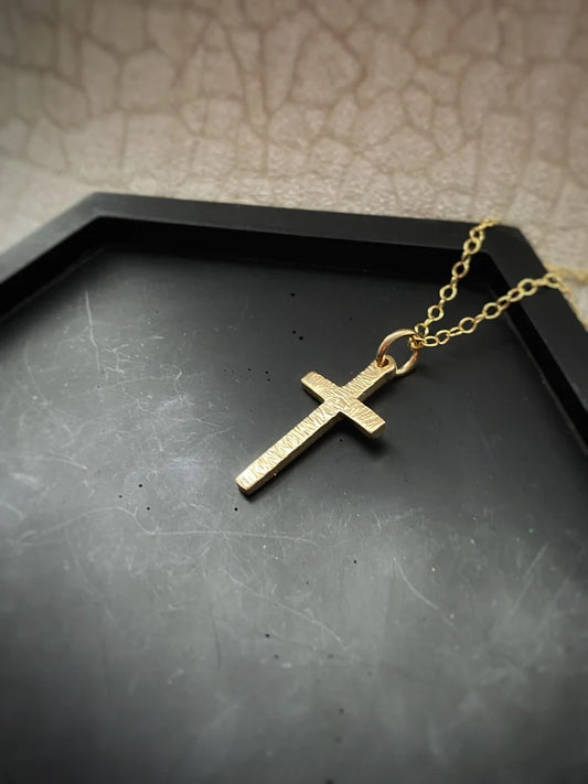 Solid 9ct gold hammered simple heavy cross pendant, handmade textured necklace