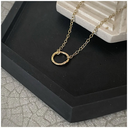 Solid 9ct gold, handmade hammered and textured circle pendant necklace
