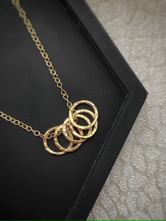 Solid 9ct gold 5 ring hoop pendant, a handmade hammered and textured necklace- 9mm