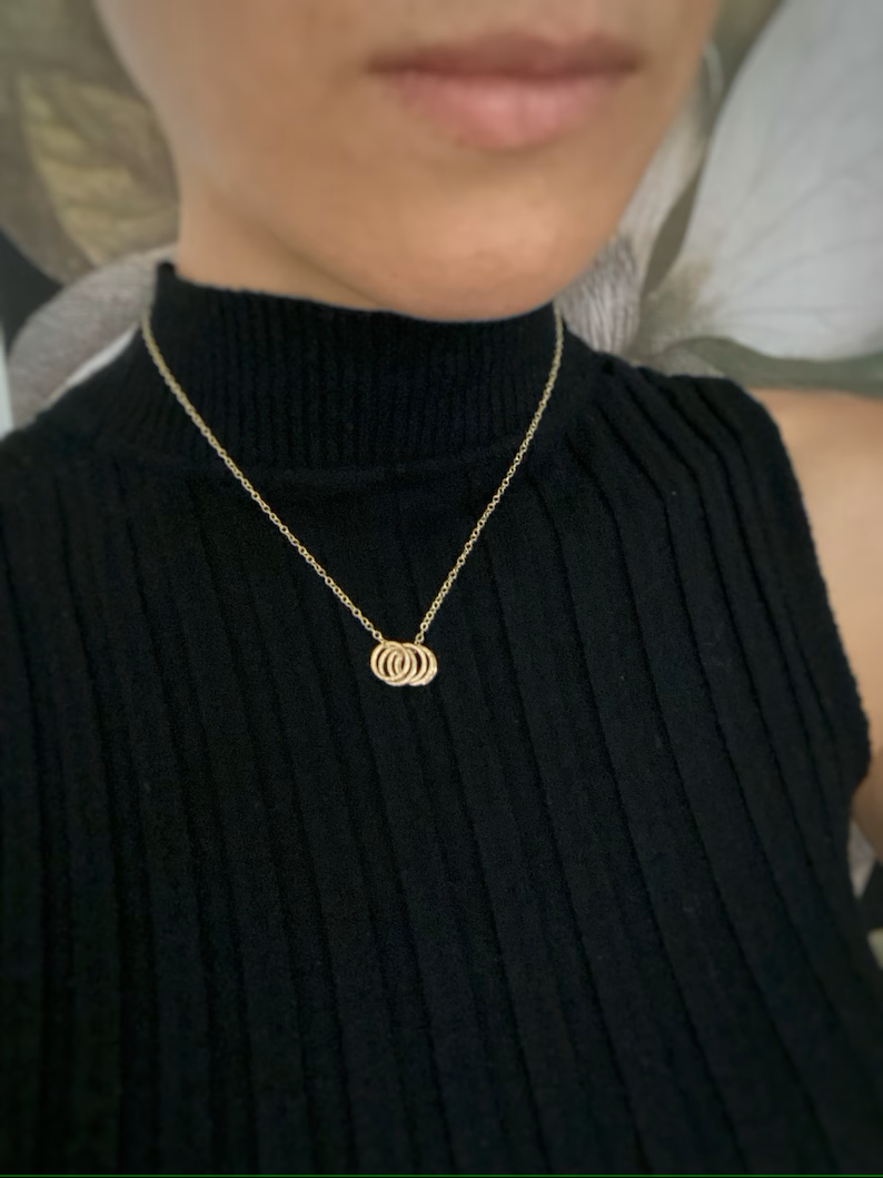 Solid 9ct gold 5 ring hoop pendant, a handmade hammered and textured necklace- 9mm
