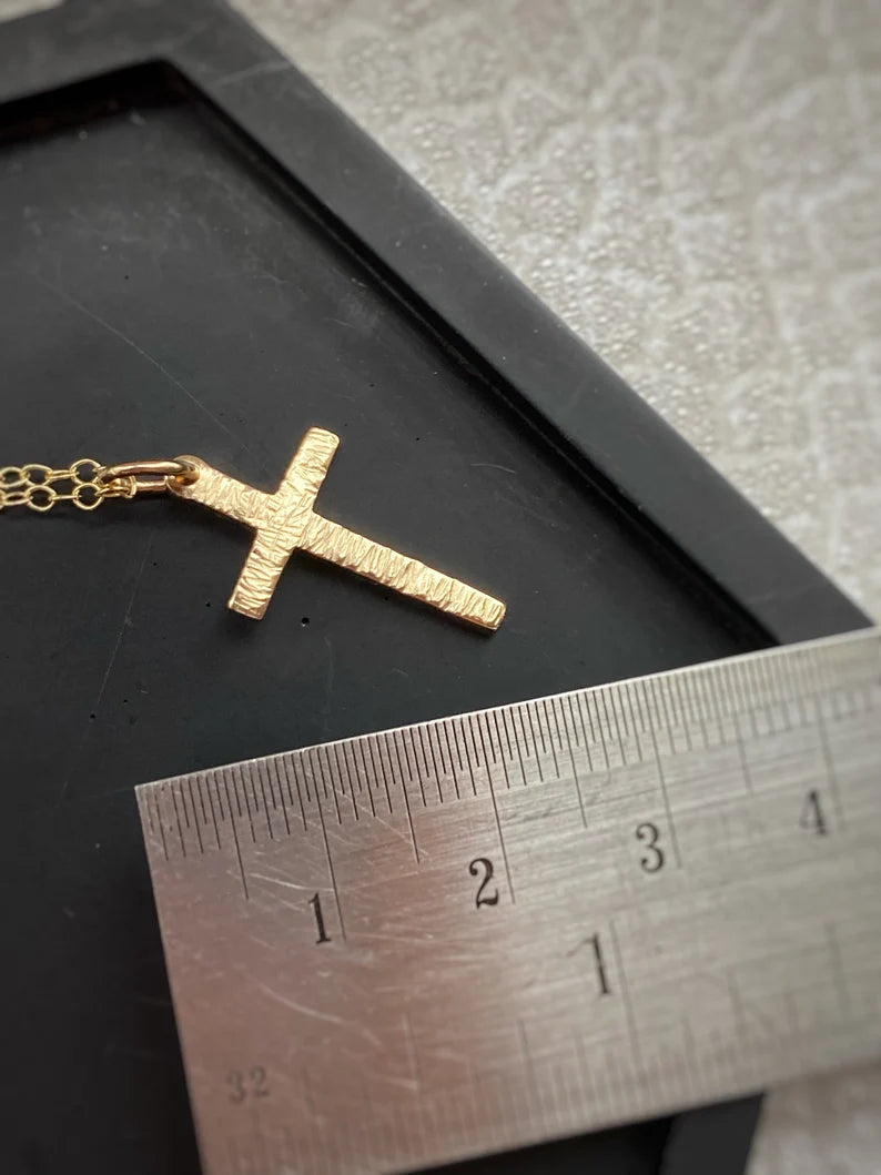 Solid 9ct gold hammered simple heavy cross pendant, handmade textured necklace