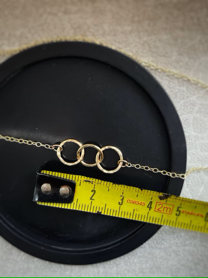 Solid 9ct gold, handmade hammered textured interlocking 3 circle necklace