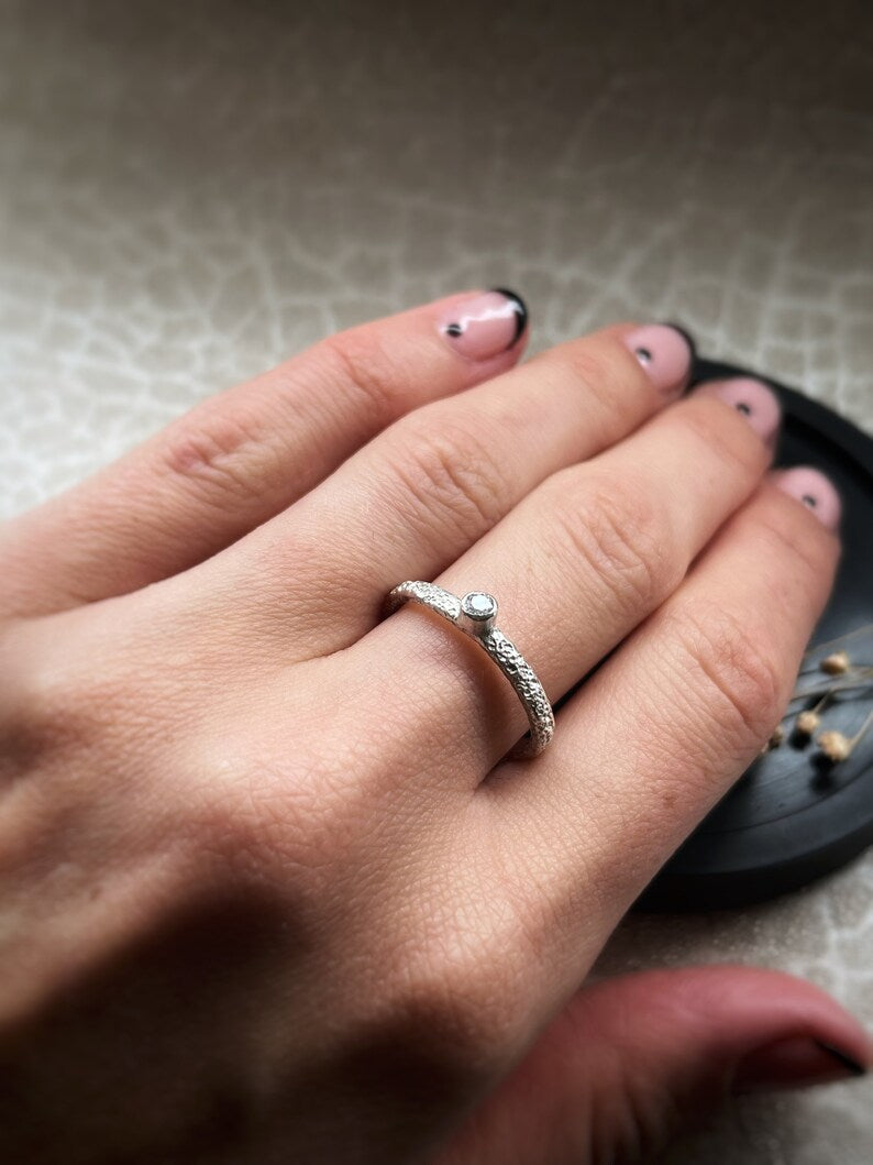 Solid white gold and diamond handmade hammered texture unique engagement ring