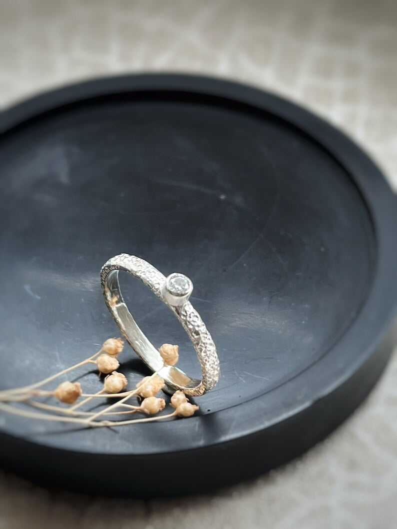 Solid white gold and diamond handmade hammered texture unique engagement ring