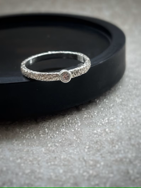 Solid white gold and diamond handmade hammered texture unique engagement ring
