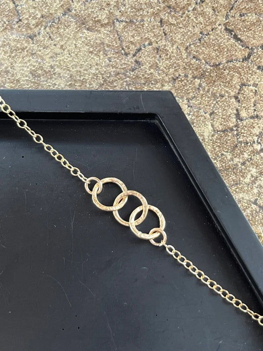 Solid 9ct solid gold interlocking, handmade hammered textured 3 small circle necklace- 7mm