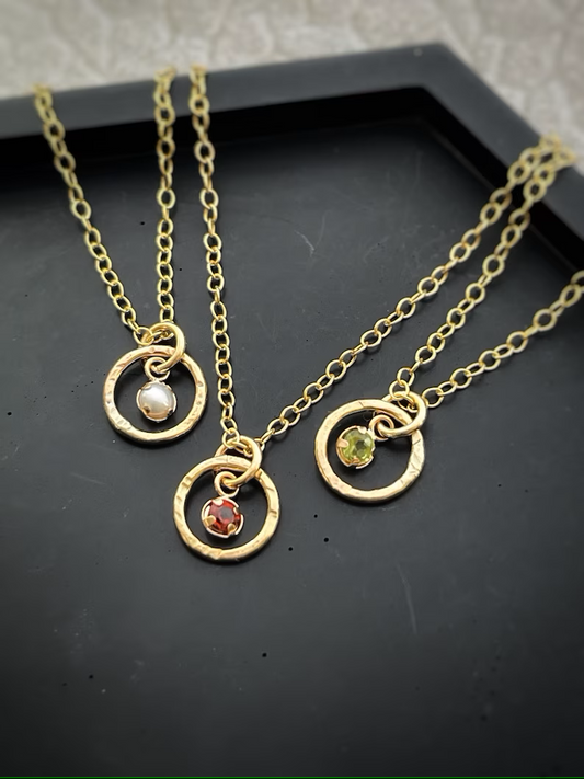 Solid 9ct gold birthstone hoop gemstone pendant, handmade hammered textured necklace 9mm