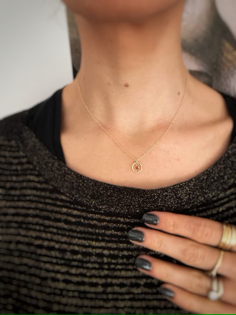 Solid 9ct gold birthstone hoop gemstone pendant, handmade hammered textured necklace 9mm