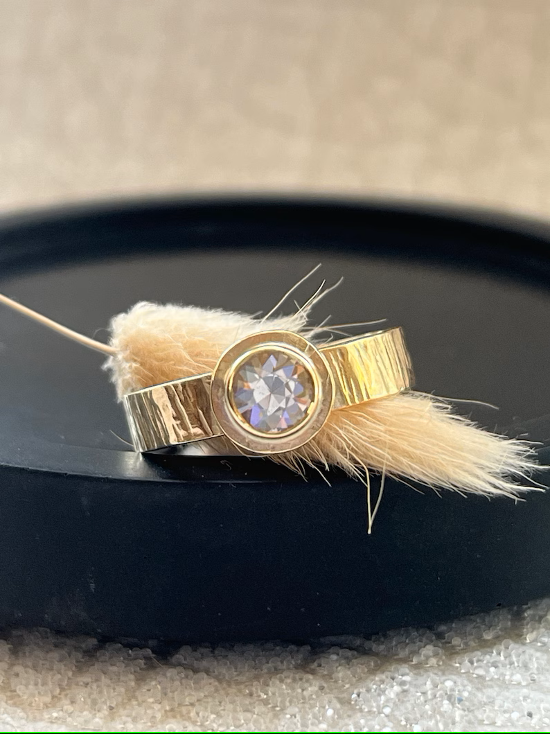 Solid gold 9ct yellow gold 0.5 carat 4mm diamond hammered unique engagement ring