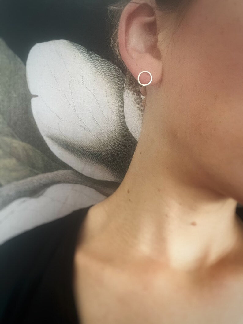 Solid white 9ct gold circle studs, handmade hammered texture-10mm