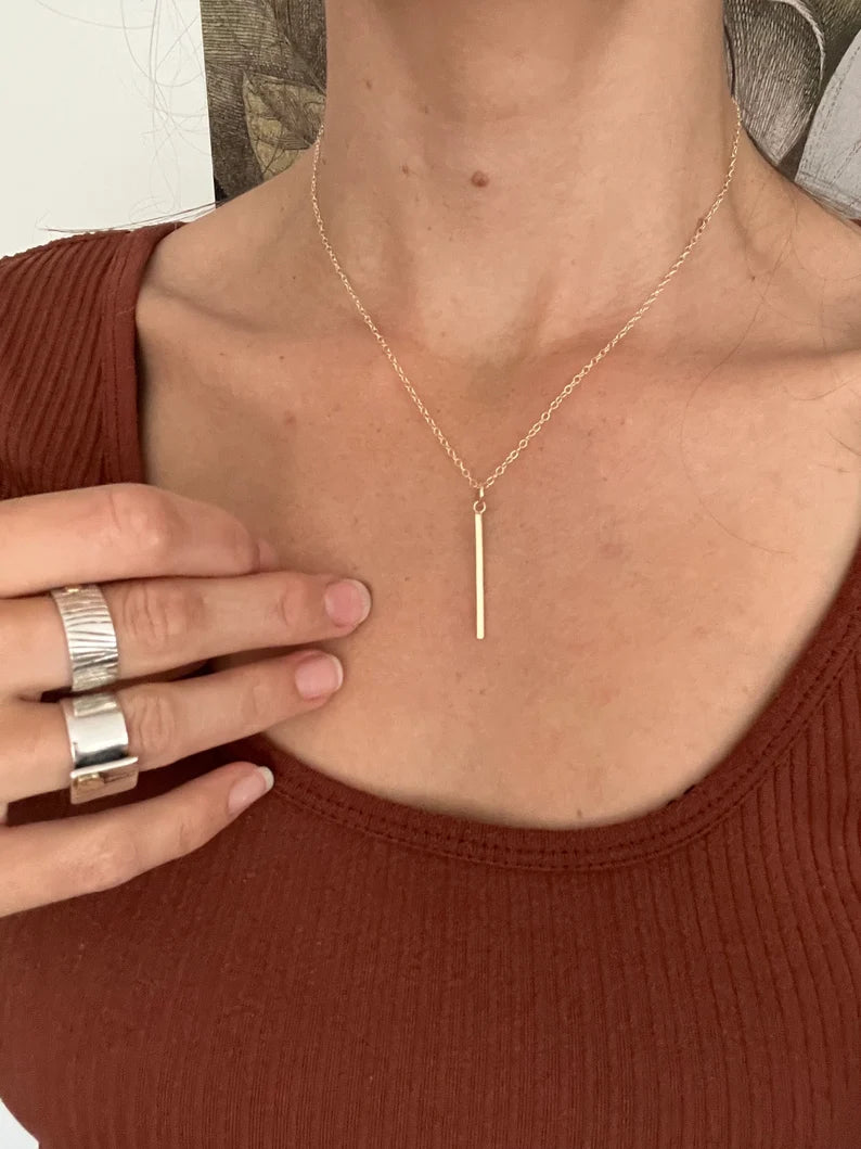 Solid 9ct gold smooth bar, handmade textured rectangle drop necklace