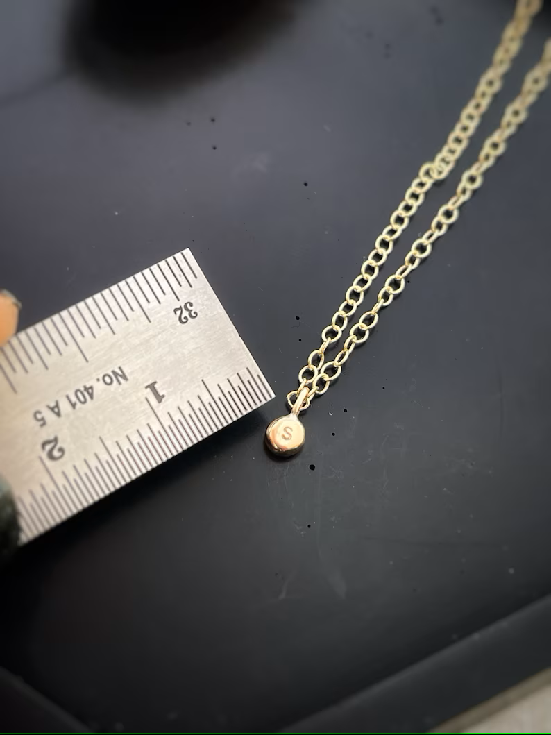 Solid 9ct gold tiny letter pebble pendant, recycled personalised initial stacking handmade necklace