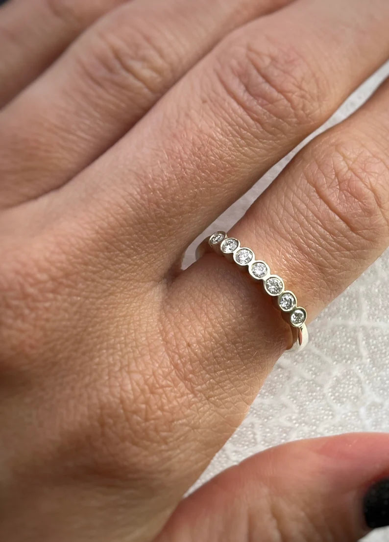 Solid 9ct gold, 7 round white brilliant cut 2mm diamonds handmade eternity ring