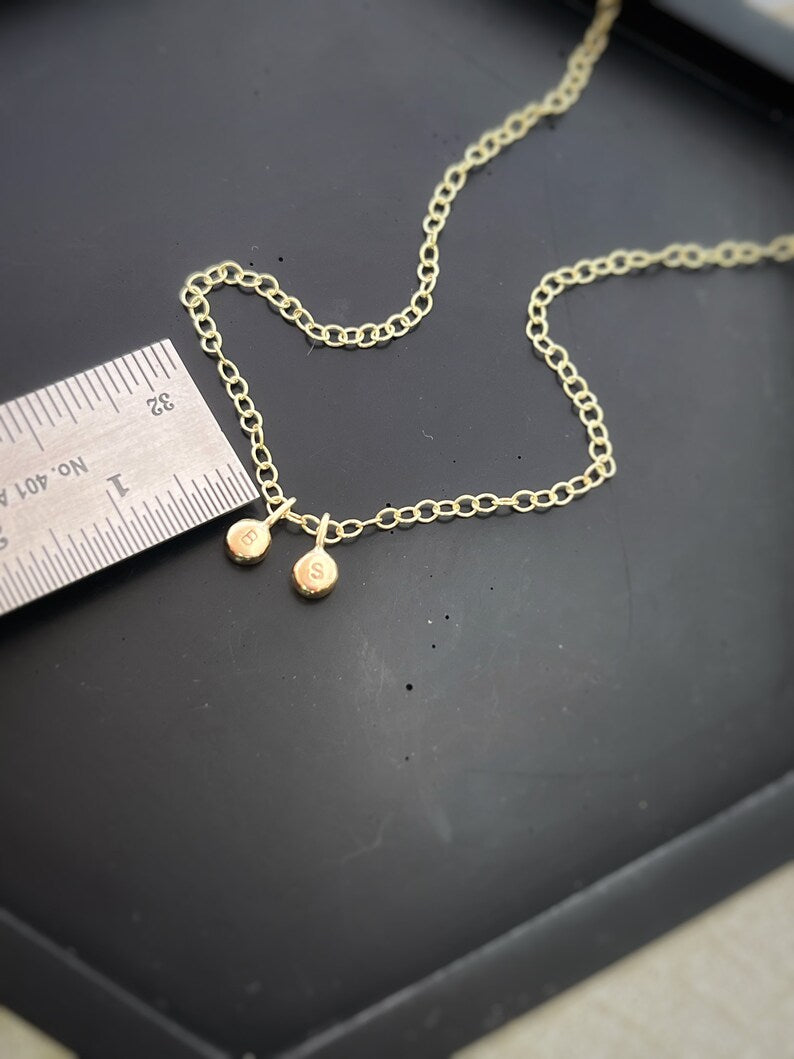 Solid 9ct gold 2 tiny letter pebble pendant,recycled personalised initial stacking necklace
