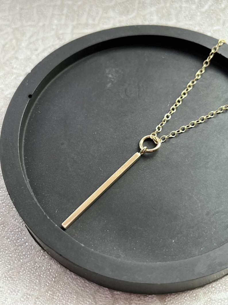 Solid 9ct gold smooth bar, handmade textured rectangle drop necklace