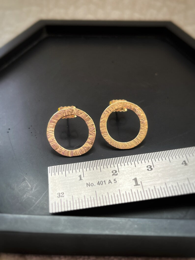 Solid 9ct yellow gold large handmade textured simple stud earrings