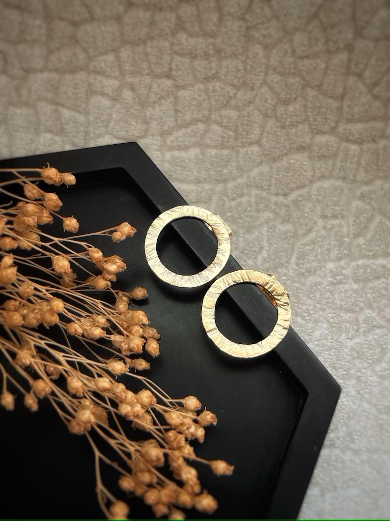 Solid 9ct yellow gold large handmade textured simple stud earrings