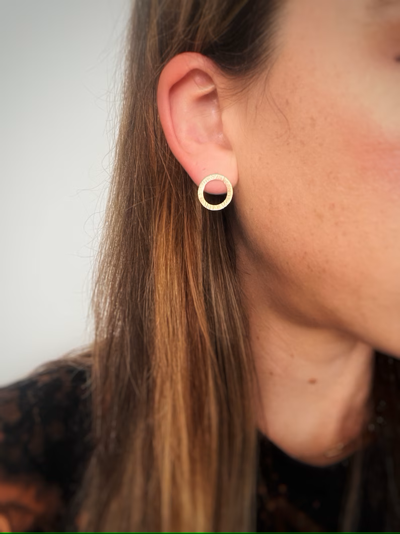 Solid 9ct yellow gold large handmade textured simple stud earrings