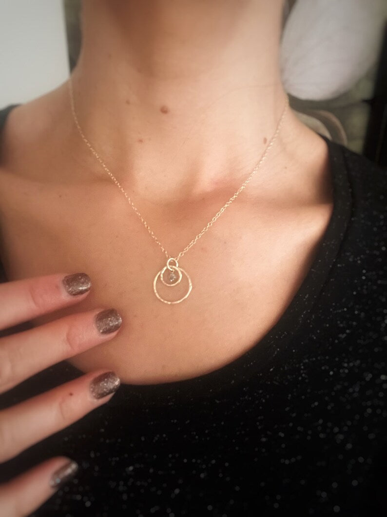 Solid 9ct gold birthstone double hoop gemstone pendant, handmade hammered textured necklace
