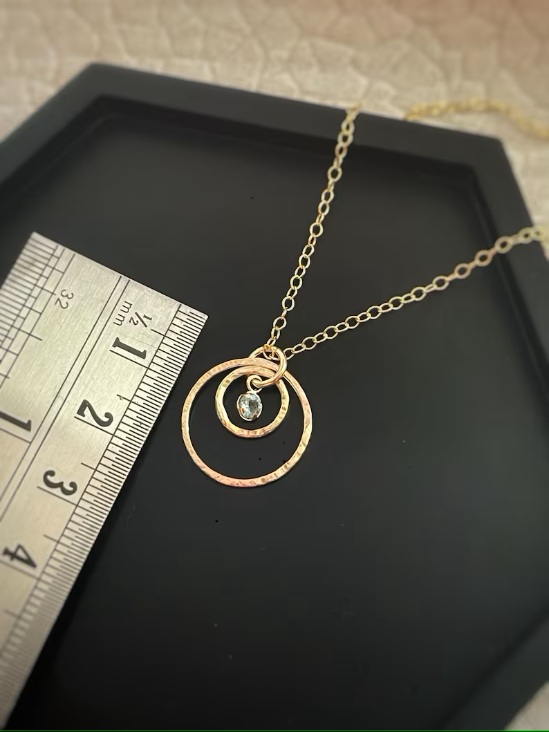 Solid 9ct gold birthstone double hoop gemstone pendant, handmade hammered textured necklace