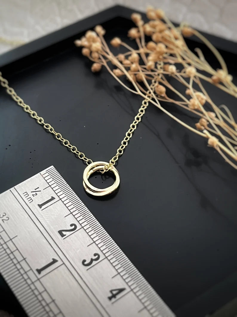 Solid 9ct gold interlocking hoop pendant, a handmade hammered double textured necklace- 9mm