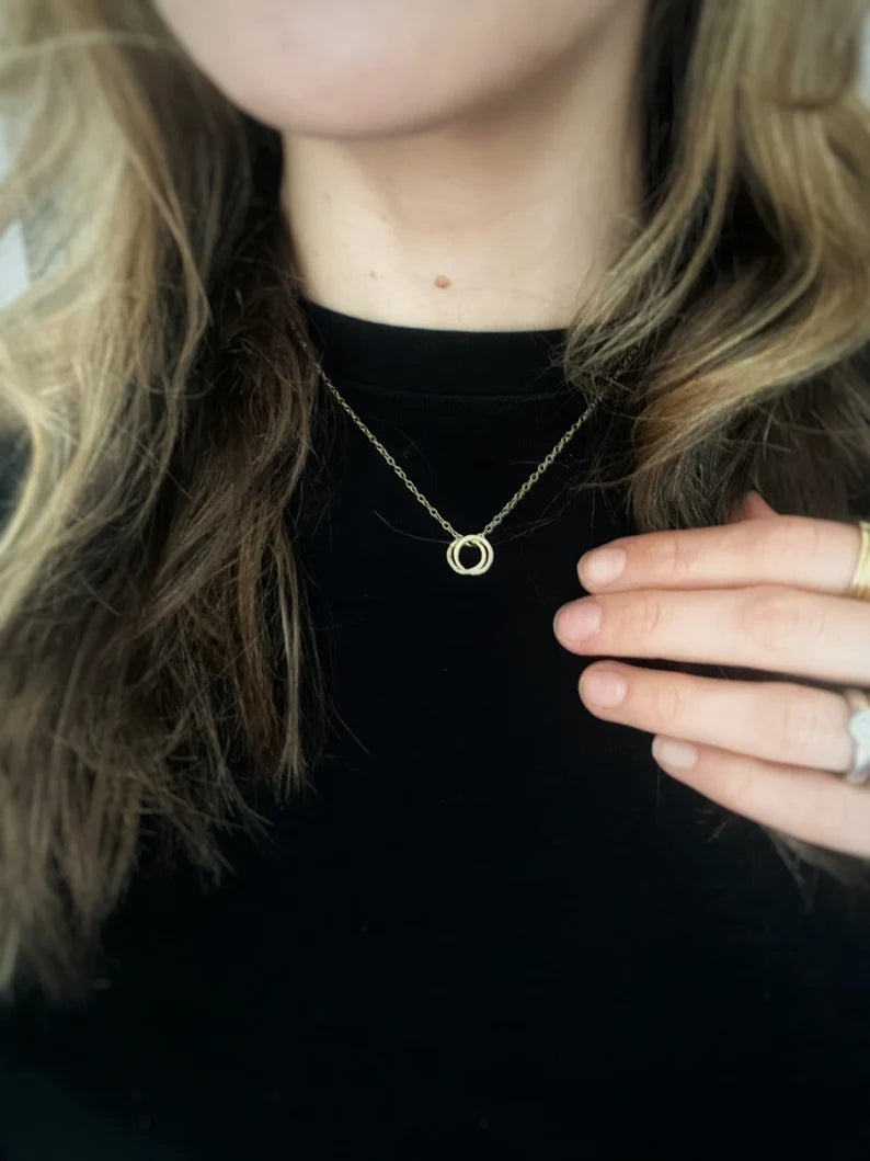 Solid 9ct gold interlocking hoop pendant, a handmade hammered double textured necklace- 9mm