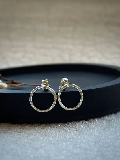 Solid white 9ct gold circle studs, handmade hammered texture-10mm