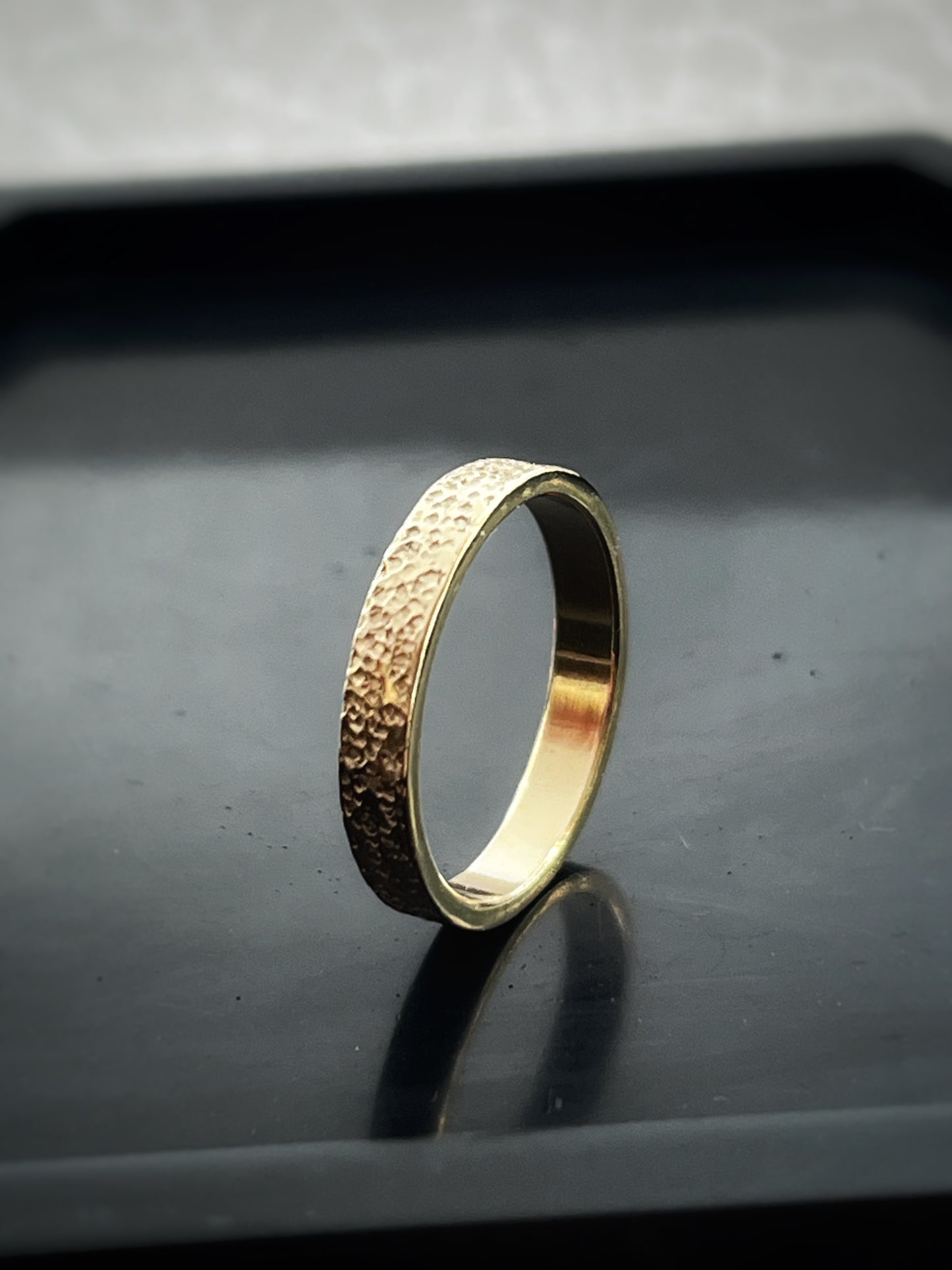 Solid 9ct yellow gold 3mm coastal beach sand delicate recycled gold flat band ring
