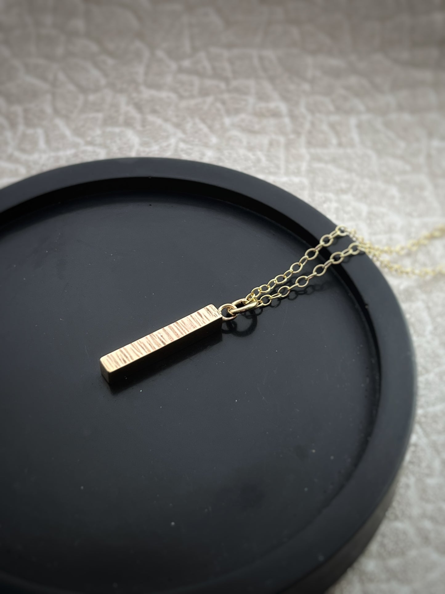 Solid chunky 9ct gold smooth bar, handmade textured rectangle drop necklace