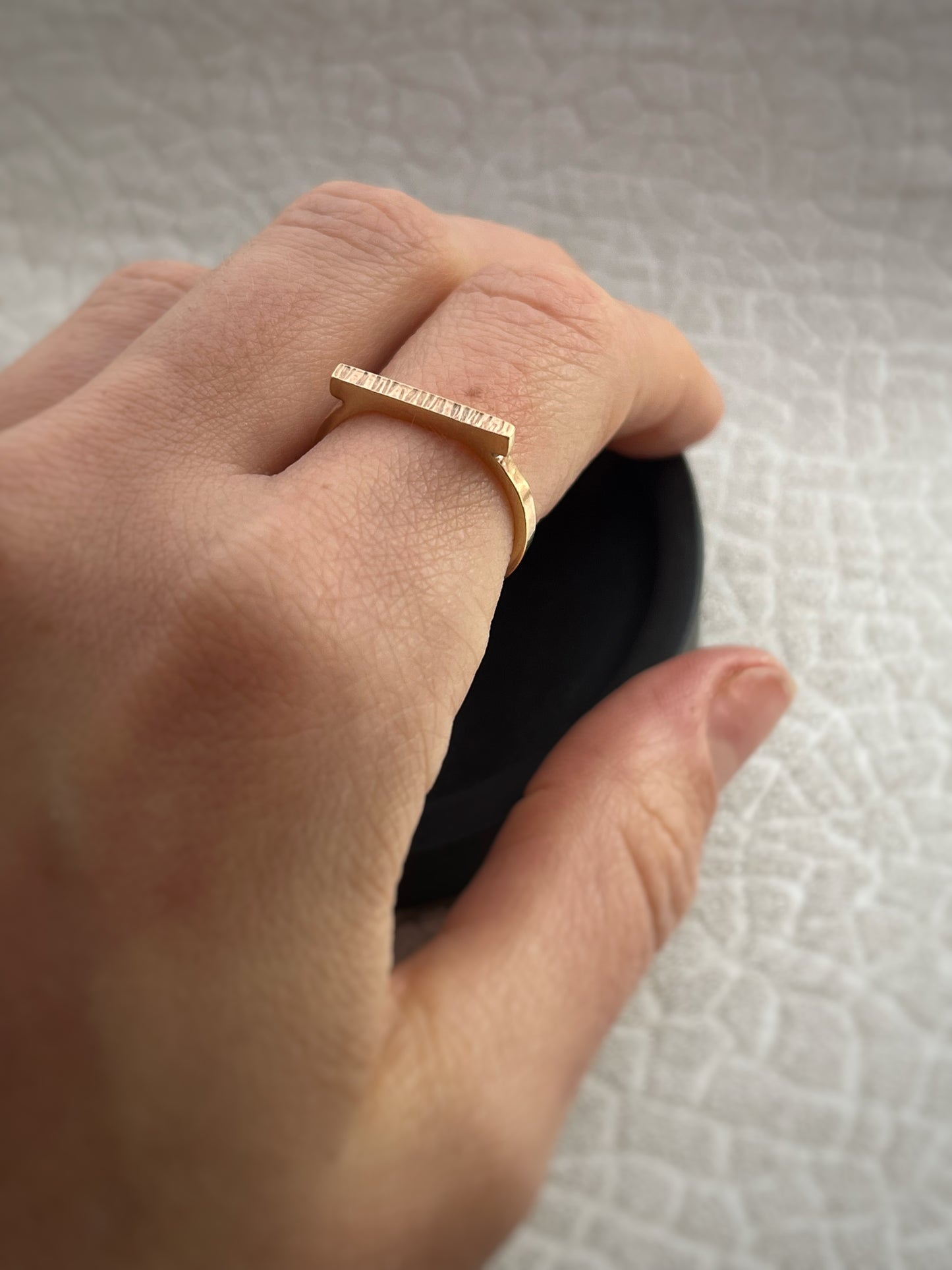 Solid 9ct yellow gold bar 2mm tree bark textured hammered delicate recycled gold flat band ring