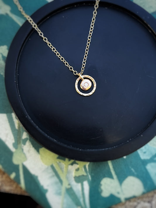 Solid 9ct yellow gold pebble & natural diamond hoop pendant necklace 18 inches