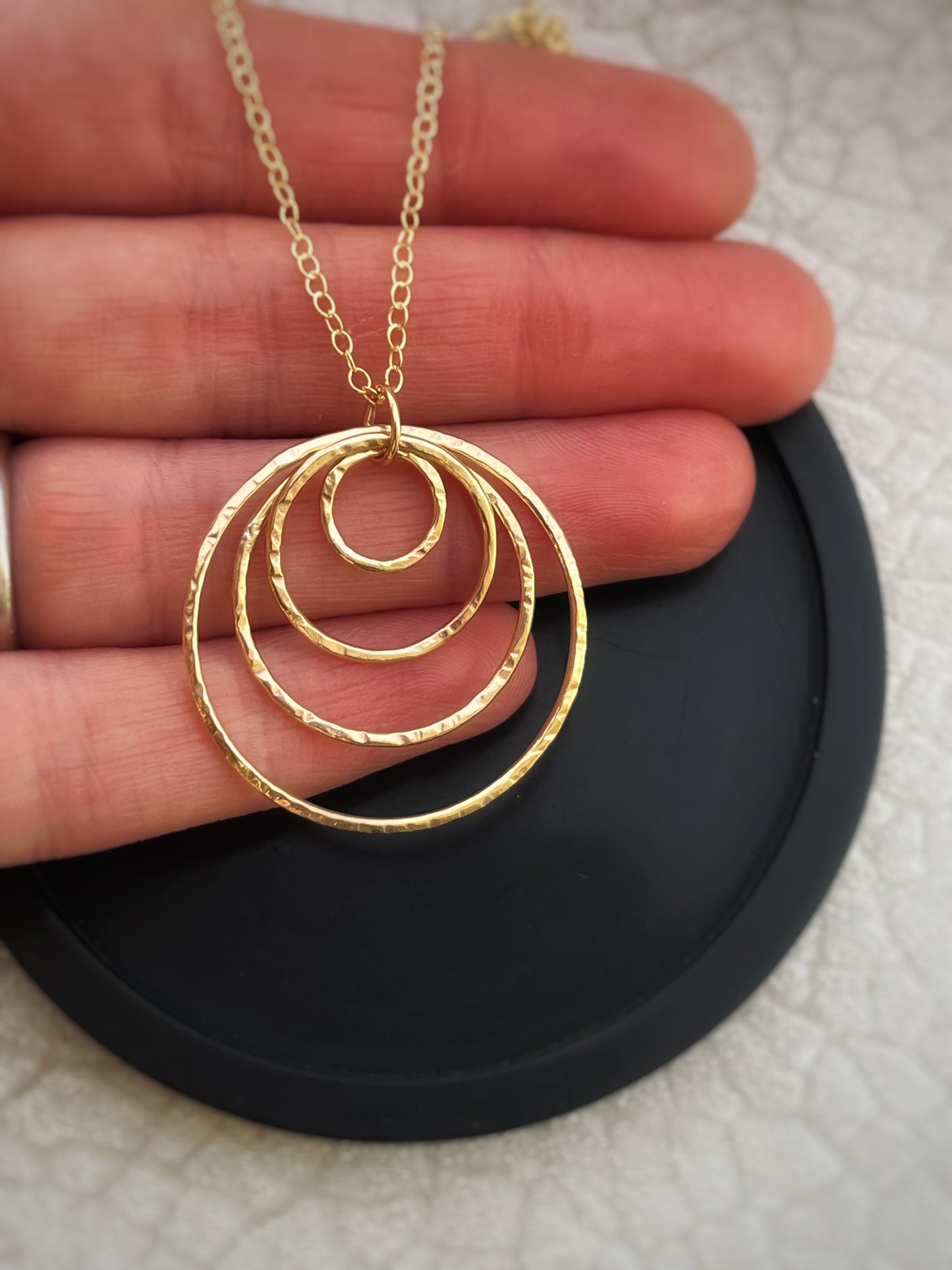 Solid 9ct gold statement interlocking 4 circle pendant, a handmade hammered textured necklace