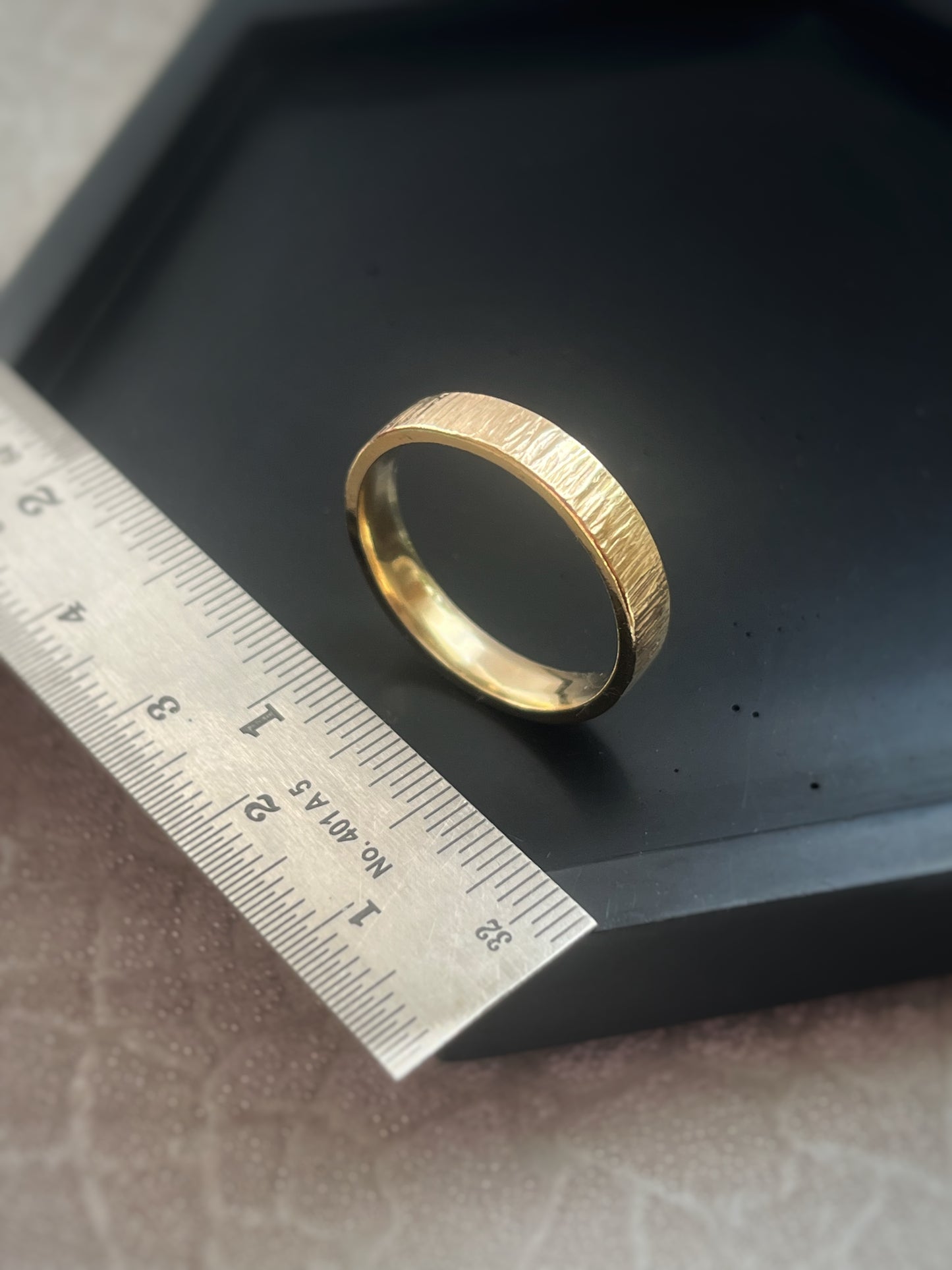 Solid 9ct recycled yellow gold 4mm flat outside, domed inside, hammered tree bark pattern unisex/ men’s band ring